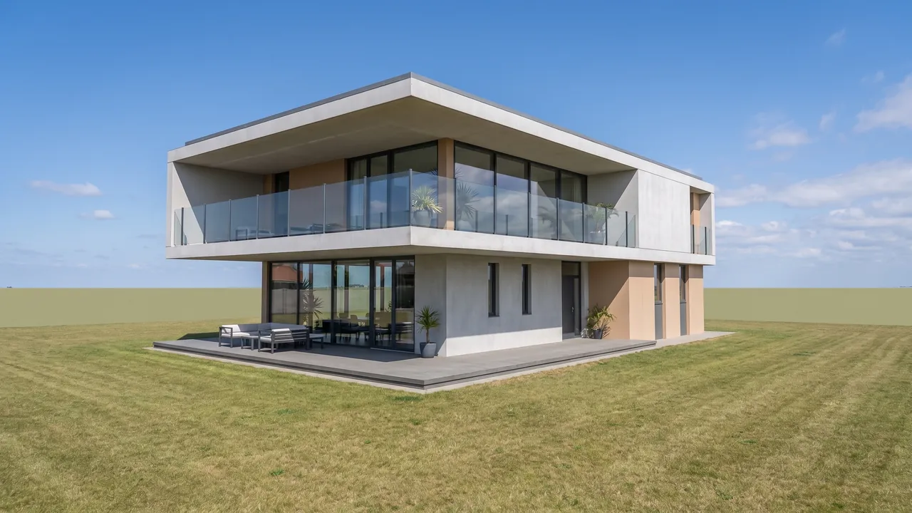 The same house rendered by RendScene with concrete, wood-coloured panels, glass and lawn