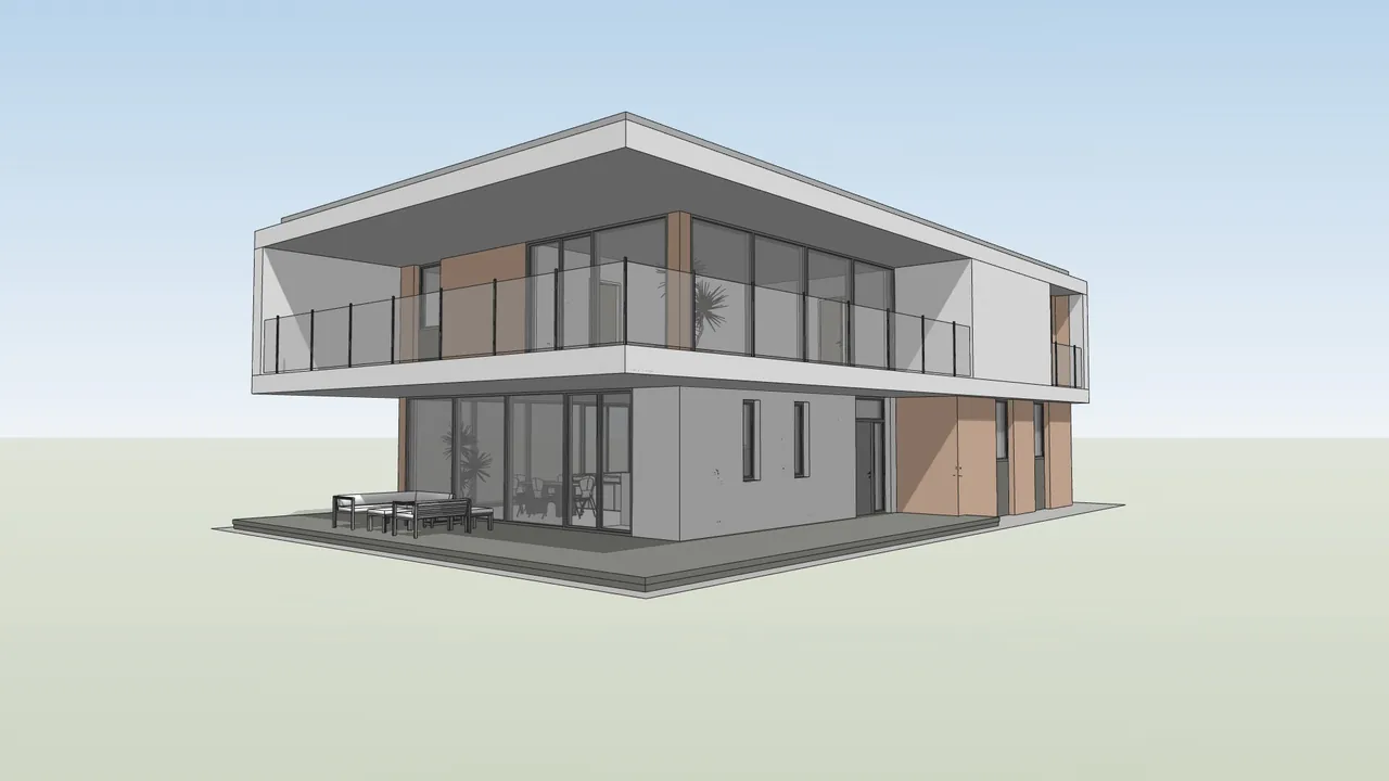 Coloured 3D view of a two-storey modern house with a glass balcony and terrace