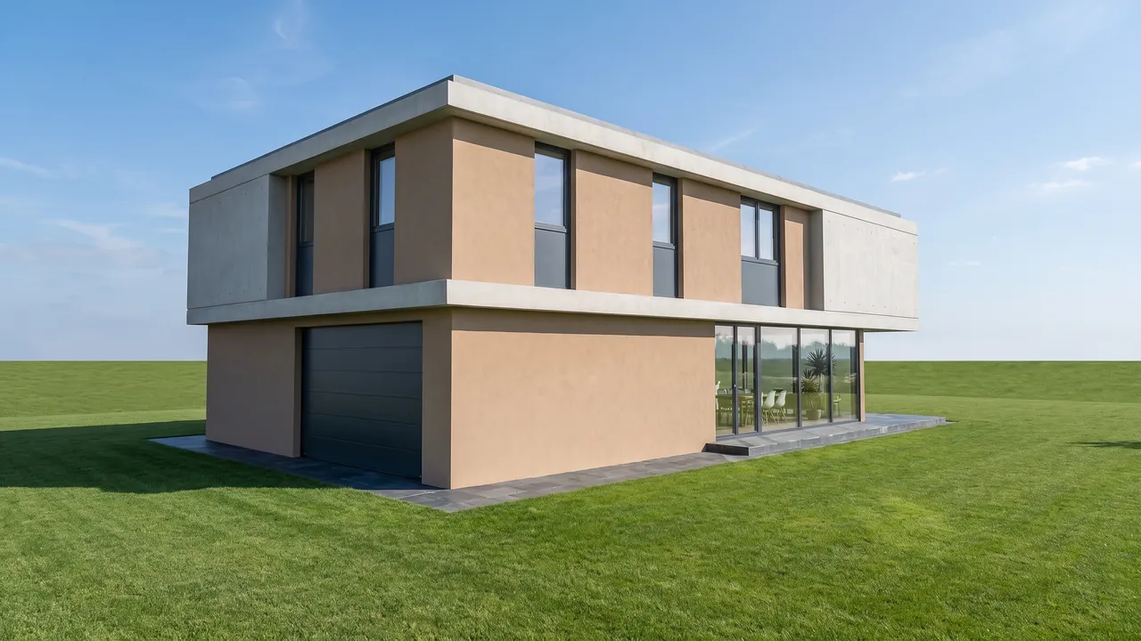 The same view rendered by RendScene with render, exposed concrete and lawn