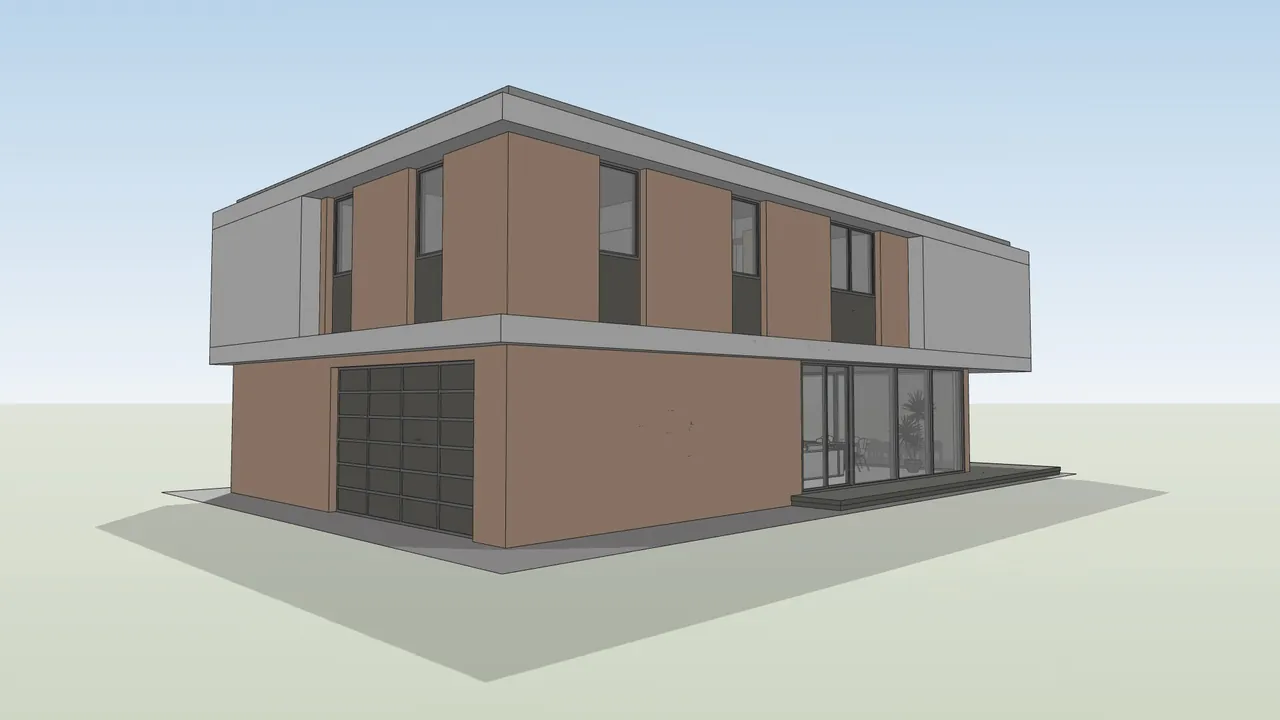 3D view of the back of a modern house with a garage door and terracotta panels