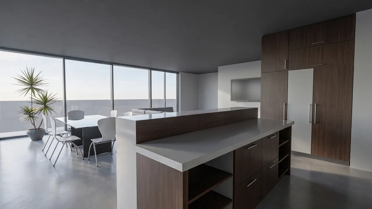 The same kitchen rendered by RendScene with dark wood, a stone worktop and daylight