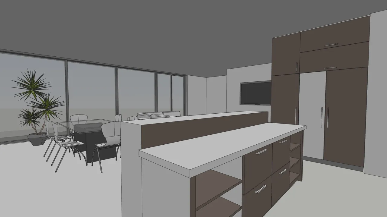 3D view of a kitchen with an island and dark cabinets, looking towards the dining area and the glass wall