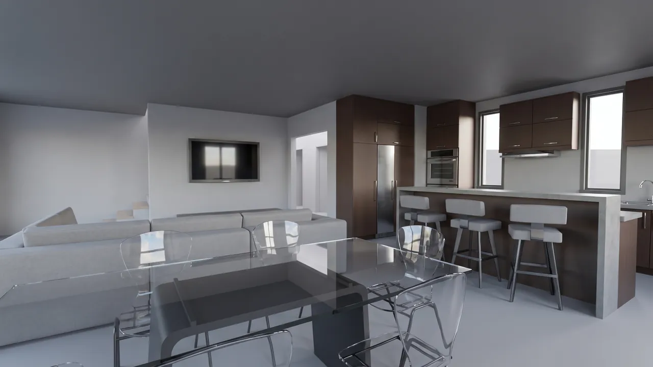 The same room rendered by RendScene with a glass table, clear chairs and a wooden kitchen