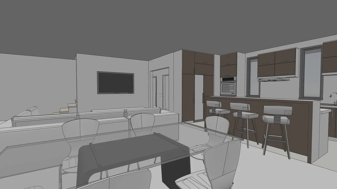 3D view of a glass dining table with the kitchen and living room behind