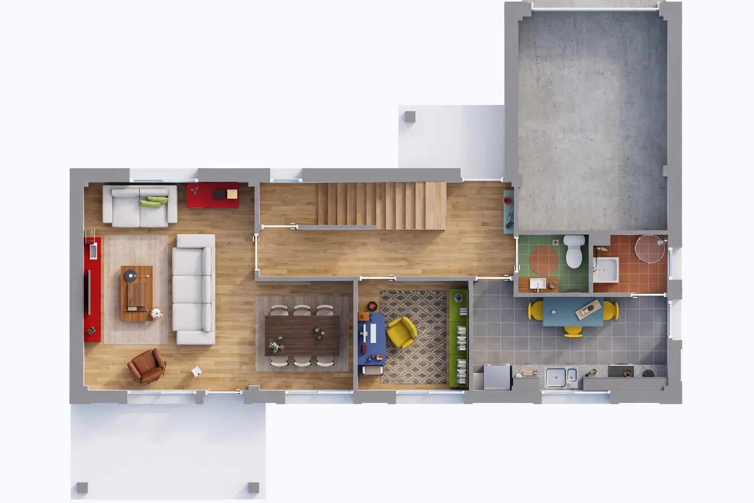 The same plan rendered by RendScene, with wood floors, tiles and furniture