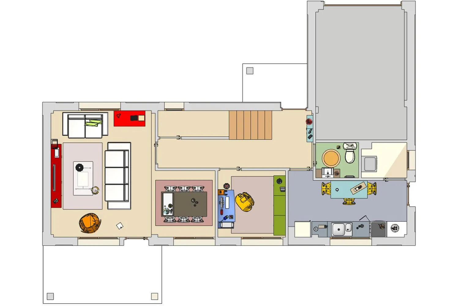Furnished plan of a single-storey house seen from above, rooms in colours