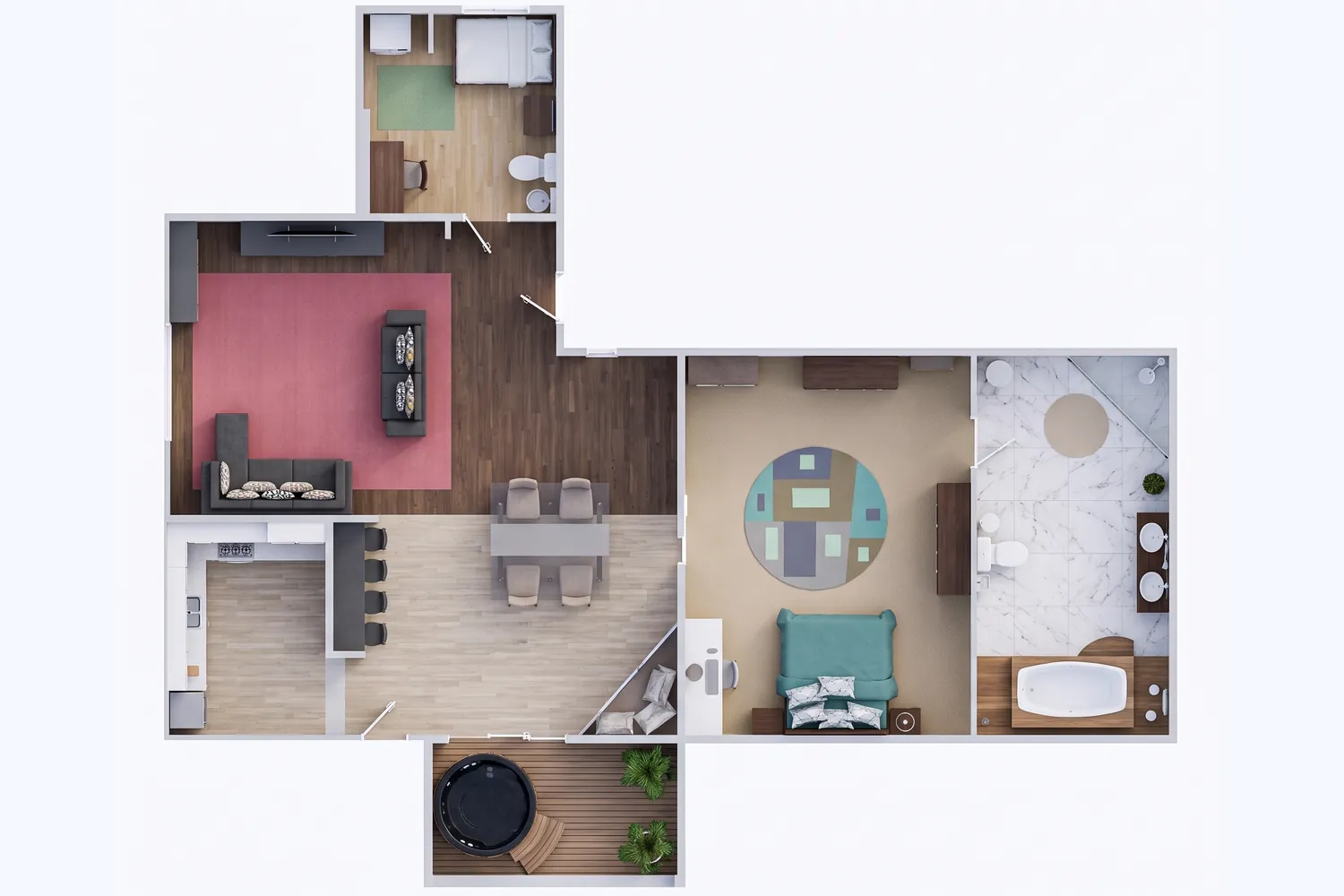 The same plan rendered by RendScene, with wood and marble floors and furniture