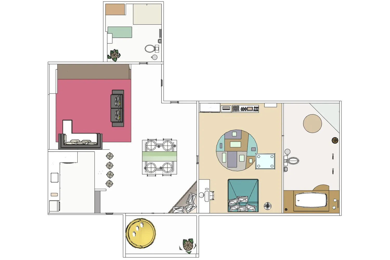 Furnished plan of an apartment seen from above, rooms in colours