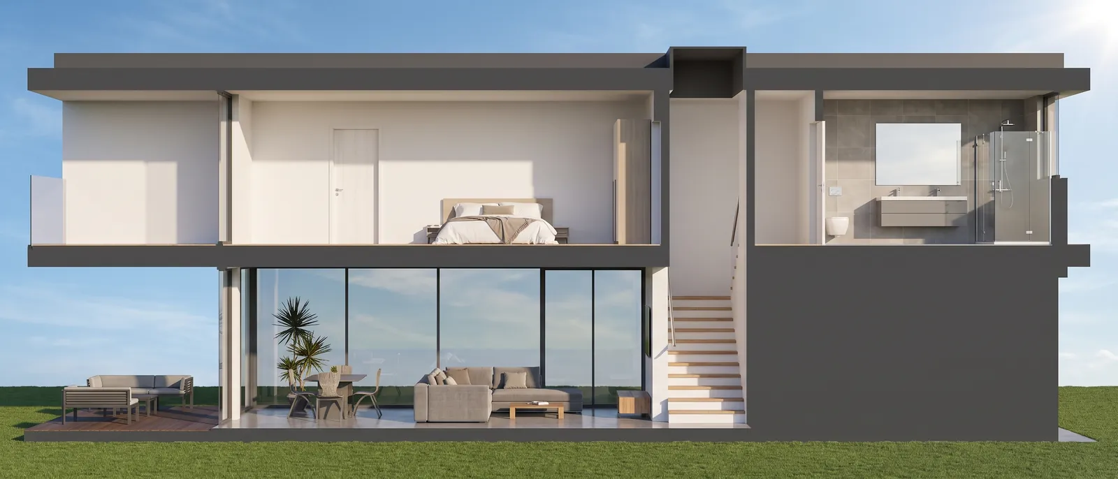 The same section rendered by RendScene with furnished interiors, glass, sky and lawn