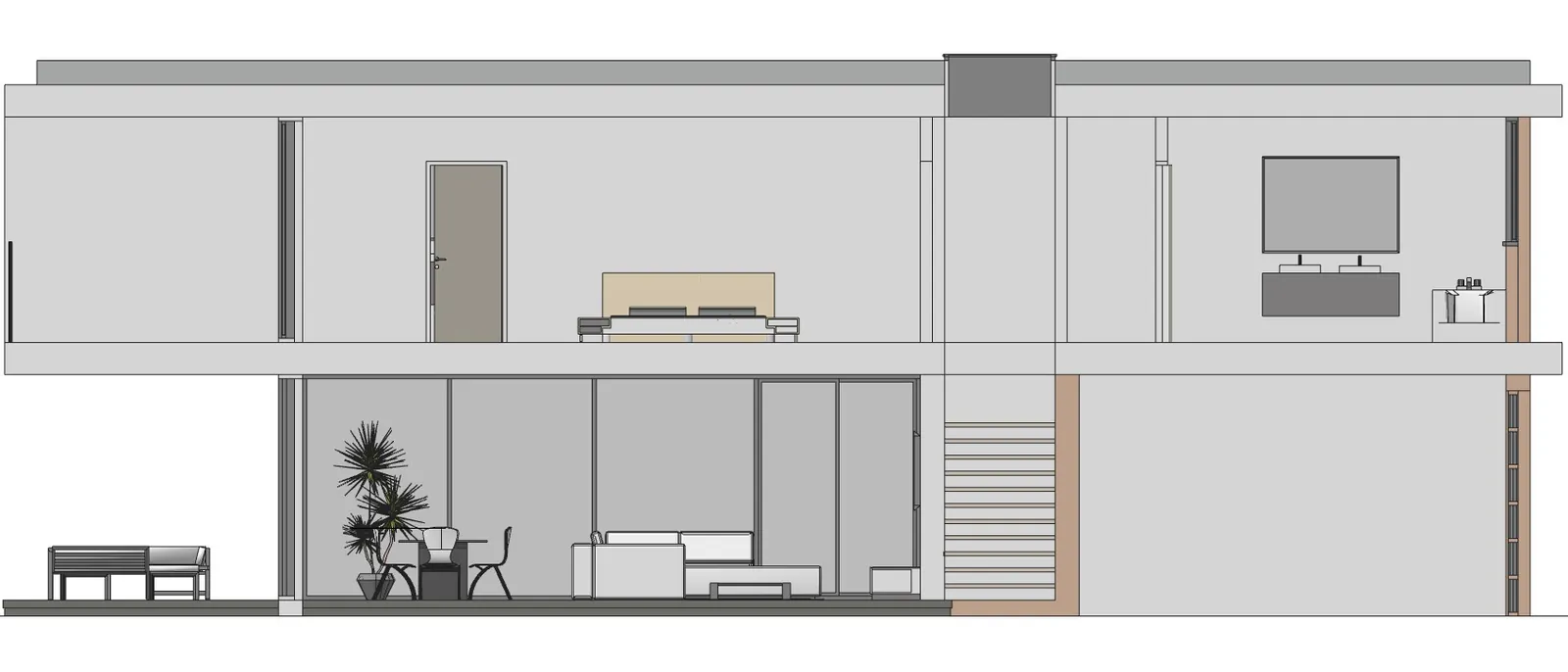 Grey section of a two-storey house with stairs, bedroom, bathroom and living room