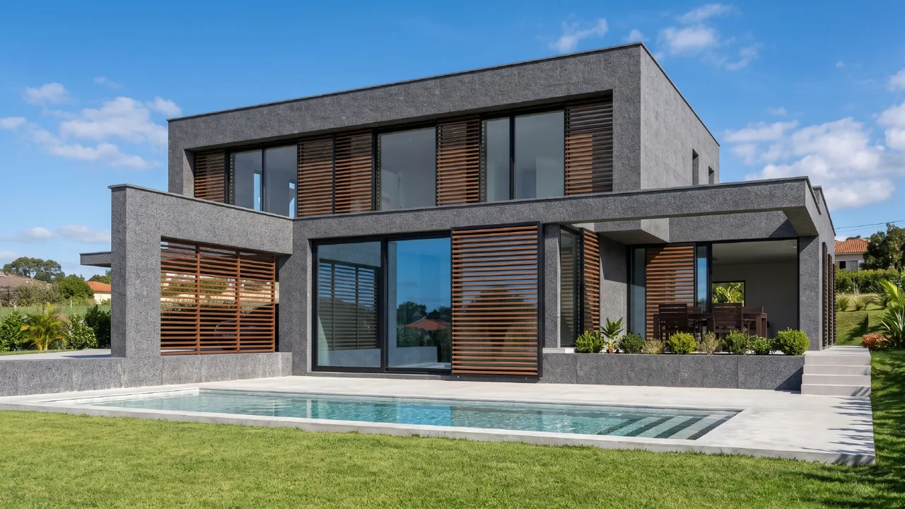 The same house rendered by RendScene with stone, wood, glass, a filled pool and garden