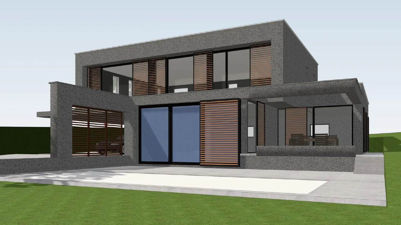 3D model of a modern two-storey grey stone house with wooden louvres and a pool