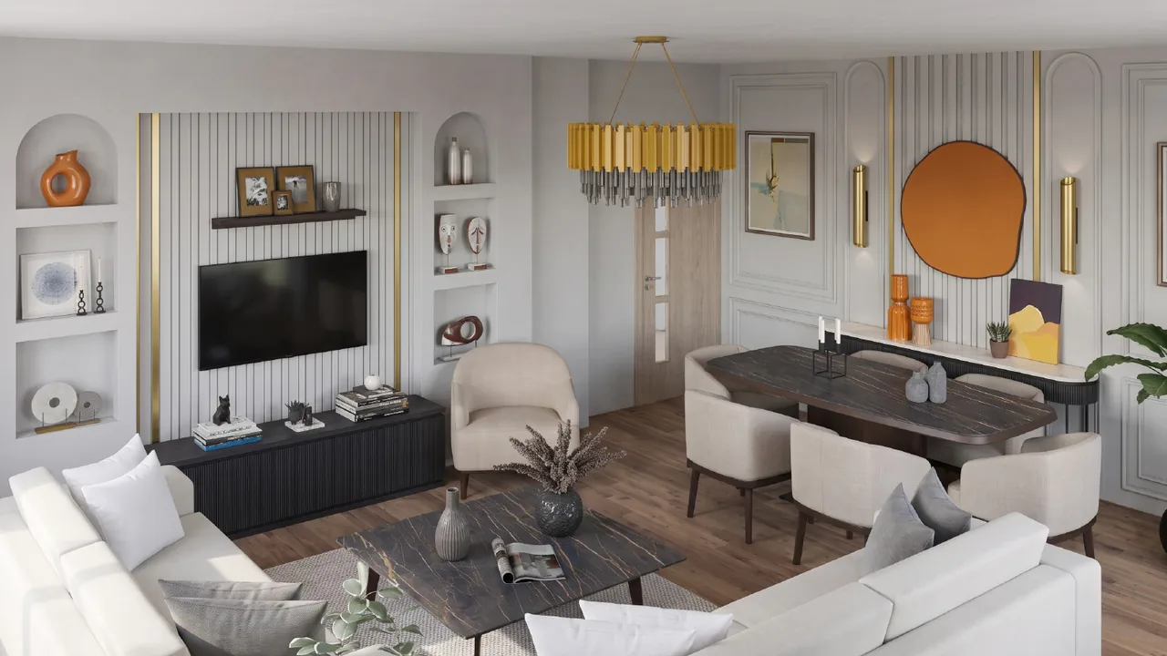 The same room rendered by RendScene with daylight, marble, fabrics and gold metalwork