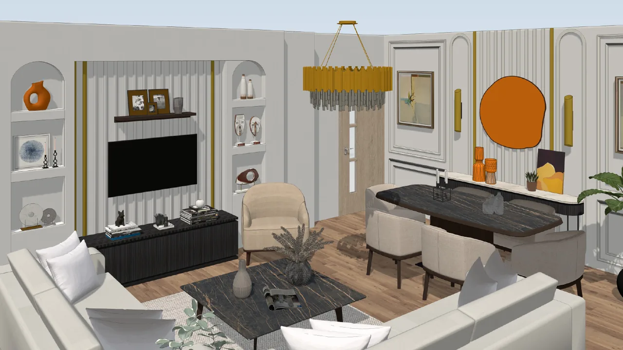 3D model of a living and dining room with a gold chandelier, arched niches and a marble table