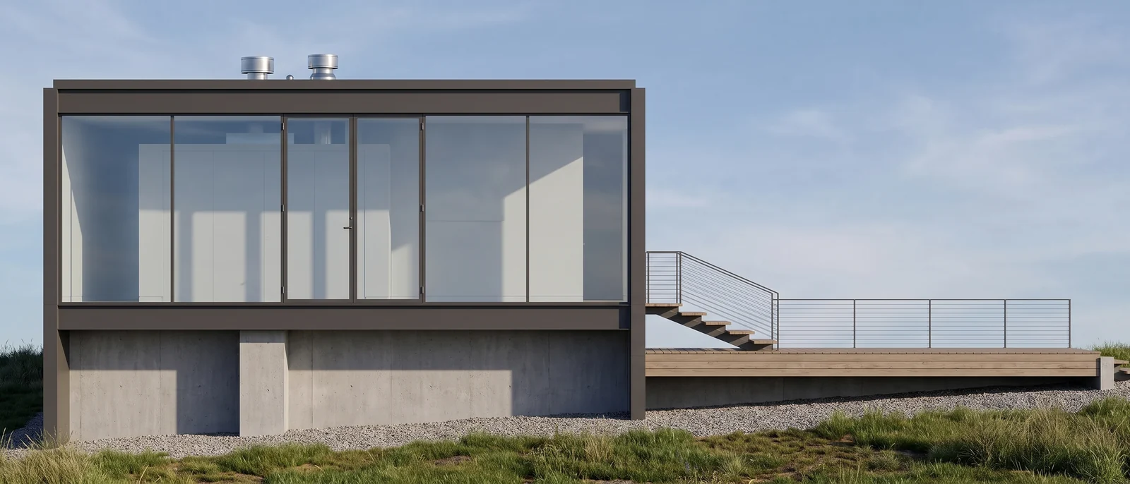 The same west elevation rendered by RendScene with glass, steel frame, terrace and grass, flat and frontal