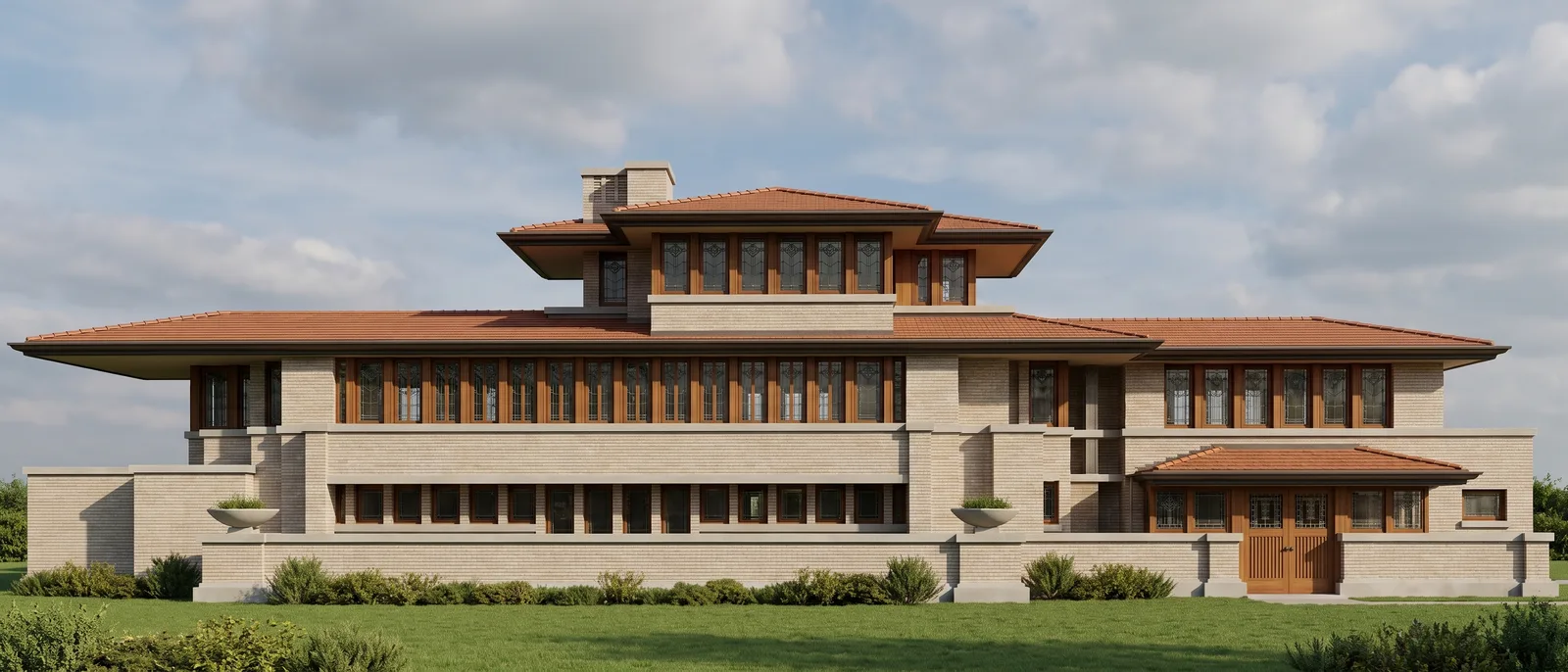 The same south elevation rendered by RendScene with brick, long-eaved roofs, windows and landscaping, flat and frontal