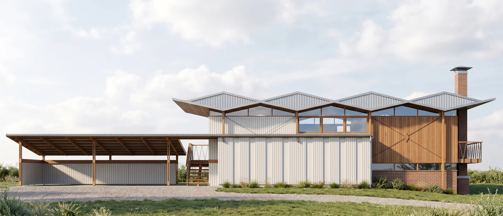 The same east elevation rendered by RendScene with corrugated cladding, timber, sky and lawn, still flat and frontal