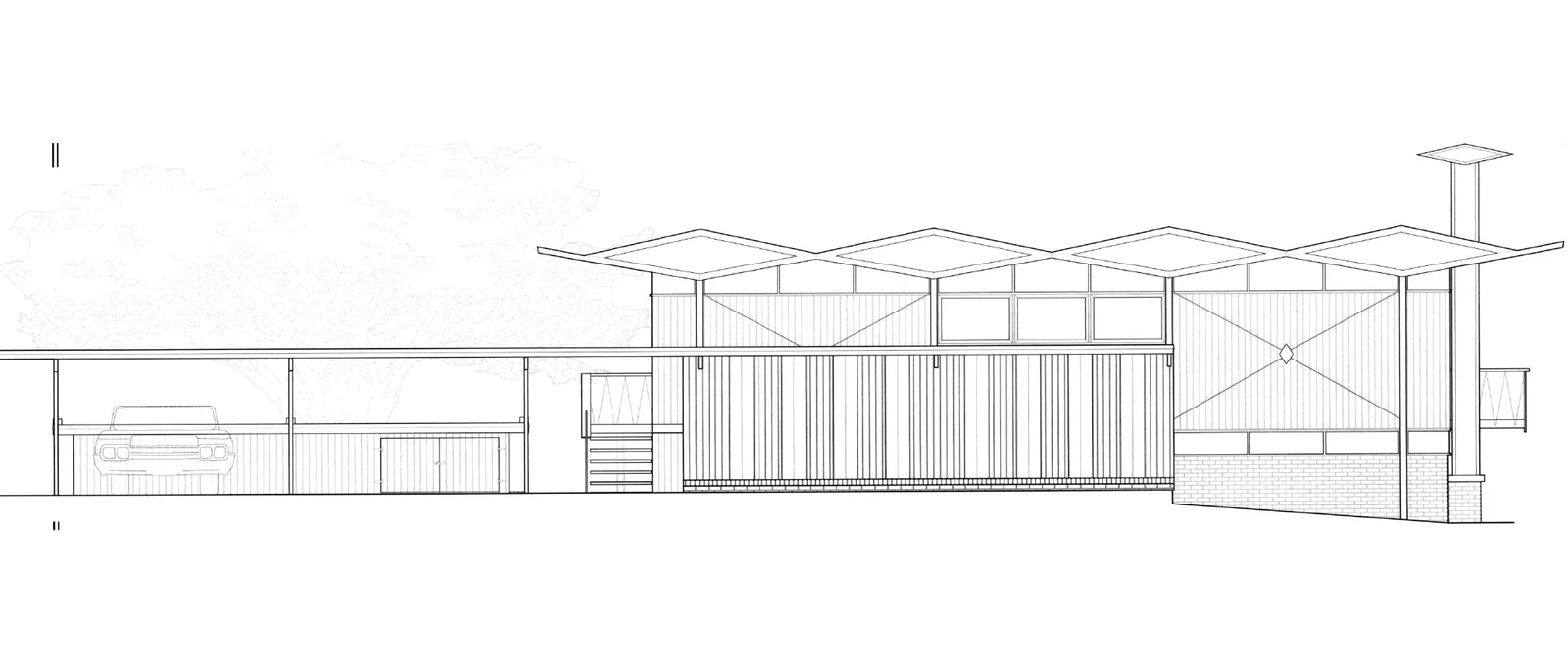 East elevation of the Segraves Residence, HABS measured drawing, line work only