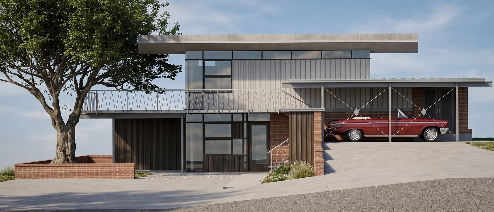 The same south elevation rendered by RendScene with brick, timber, glass and a real tree, flat and frontal