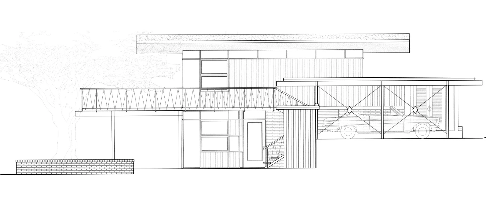 South elevation of the Segraves Residence, HABS measured drawing with a tree and a car in line work