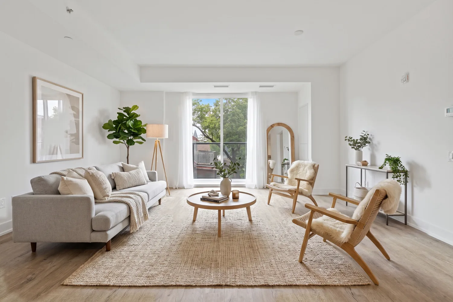 The same room furnished by RendScene in Scandinavian style: sofa, armchairs, rug and plants; walls, floor and windows unchanged