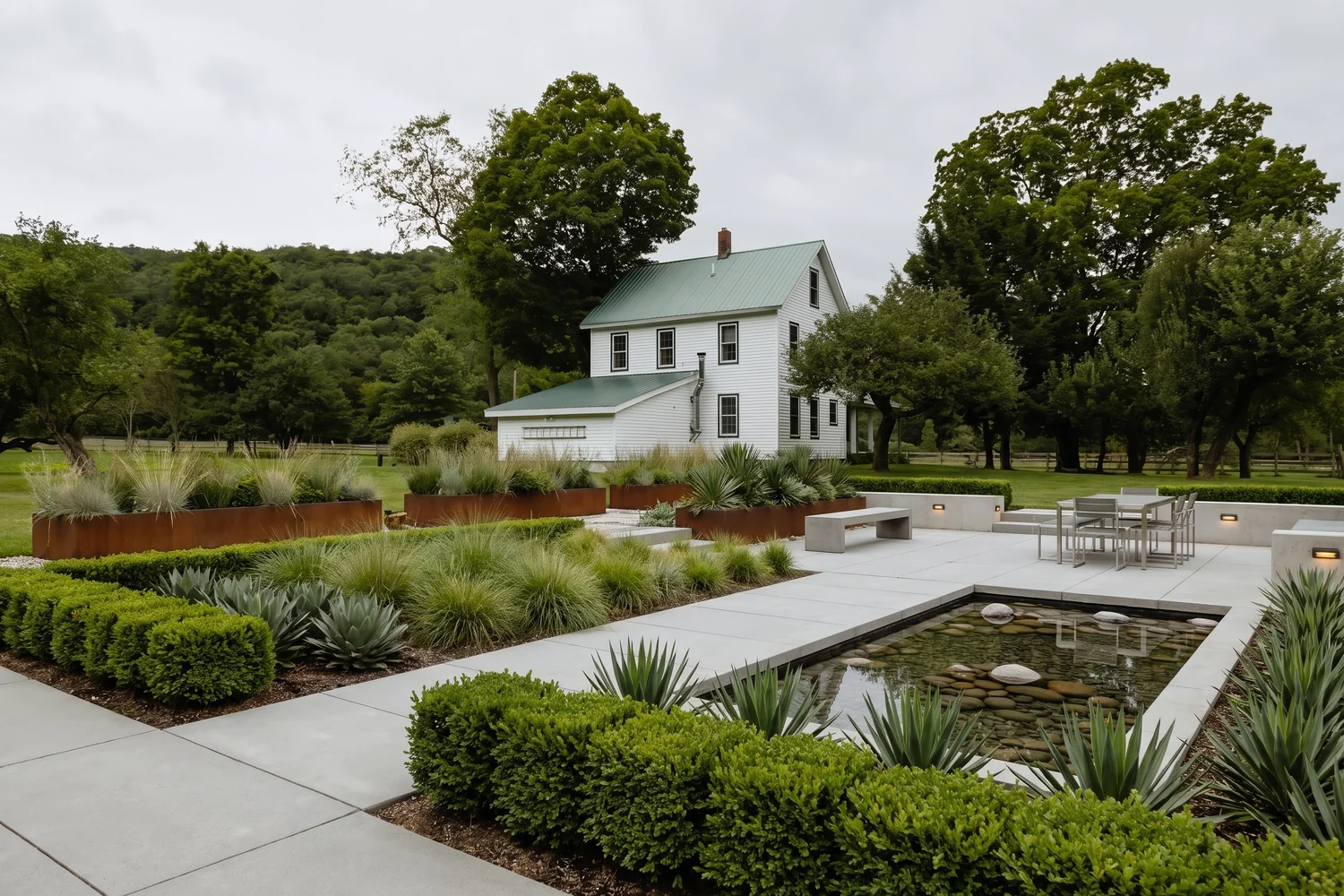 The same field designed by RendScene as a modern garden with a pool, low walls and grasses, house and trees unchanged