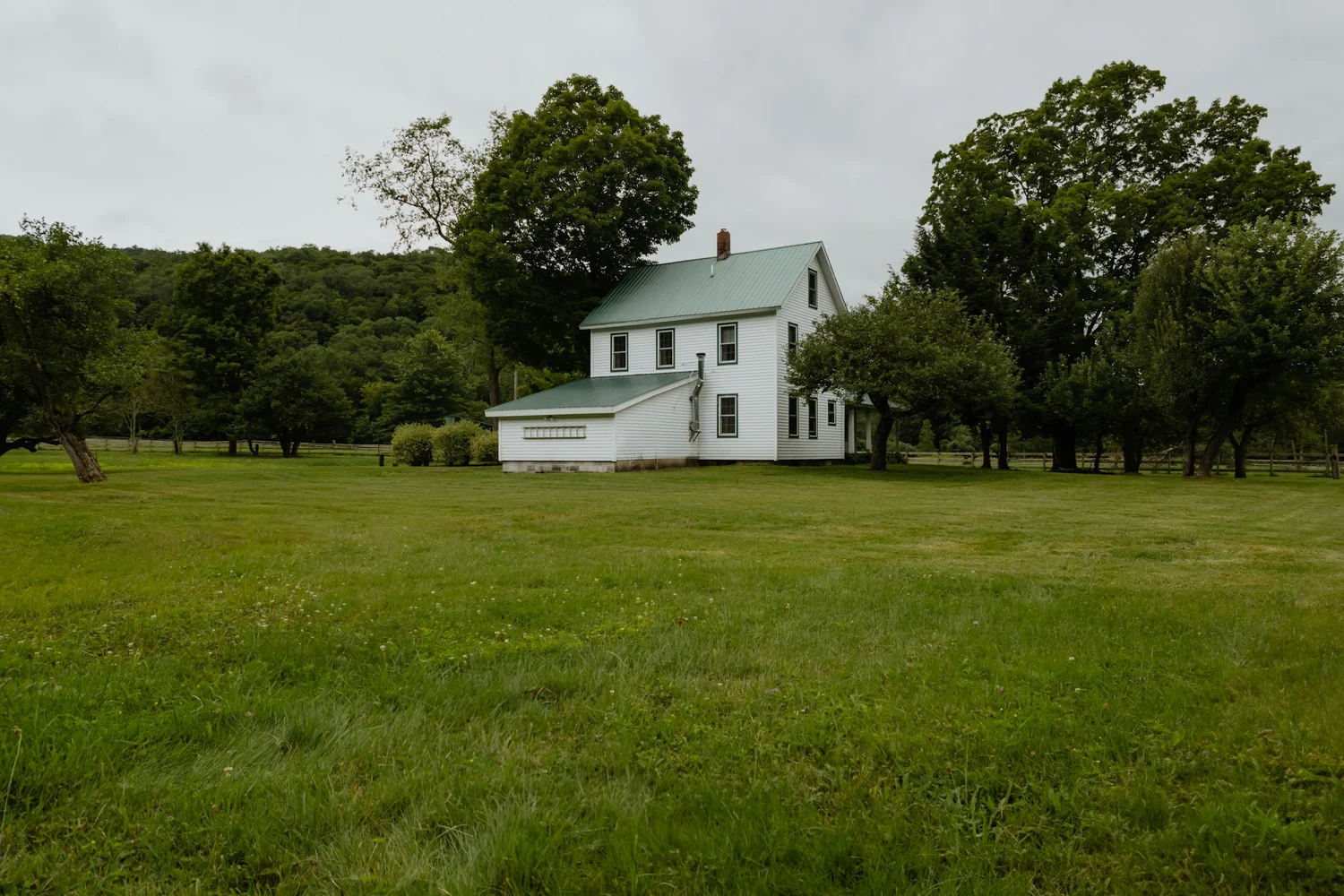 Photo of a wide lawn in front of a white farmhouse among trees