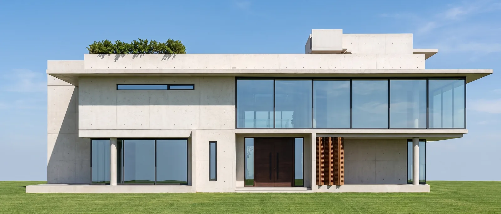 The same elevation rendered by RendScene with concrete, glass and wood, flat and frontal