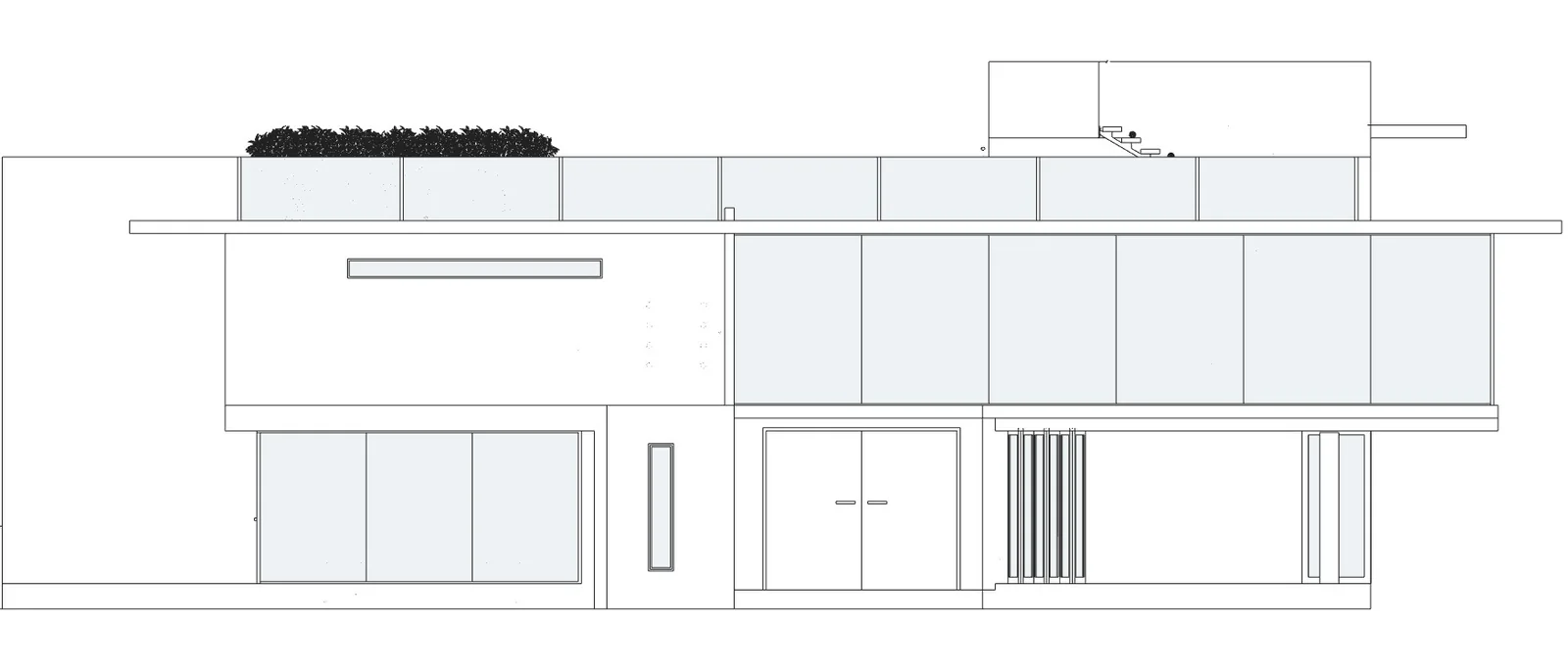 Front elevation of a two-storey modern house, lines only