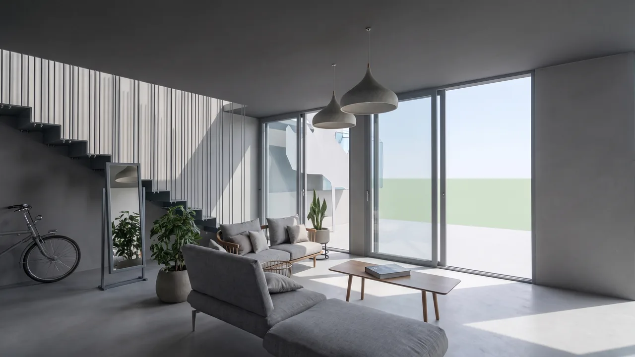 The same living room rendered by RendScene with concrete, wood, plants and daylight