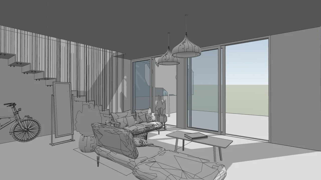 Grey 3D view of a living room with stairs, sofas and glass doors, Shaded style