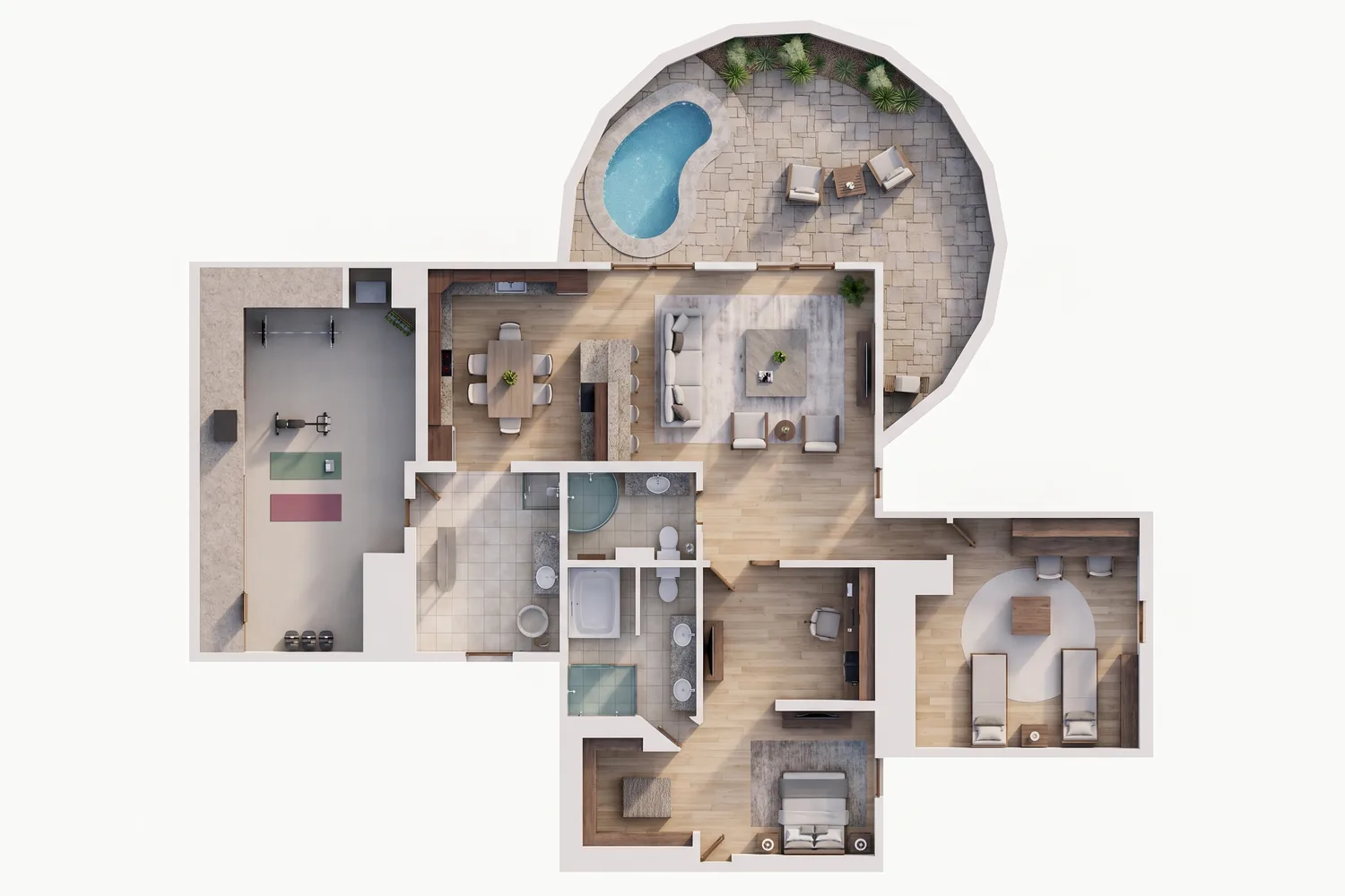 The same plan rendered by RendScene, with floors, furniture and the pool