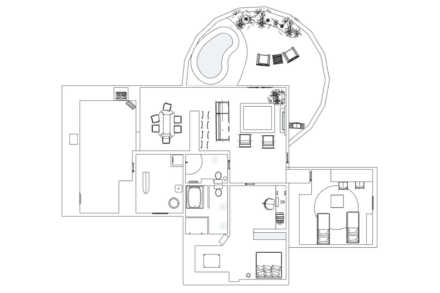 Floor plan of a house with a pool seen from above, lines only