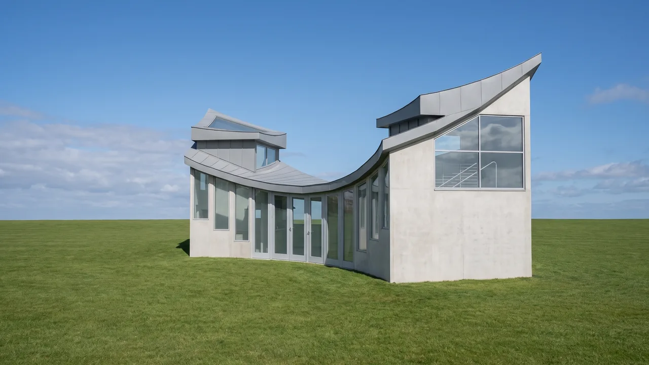 The same house rendered by RendScene with concrete, a metal roof, glass, lawn and blue sky