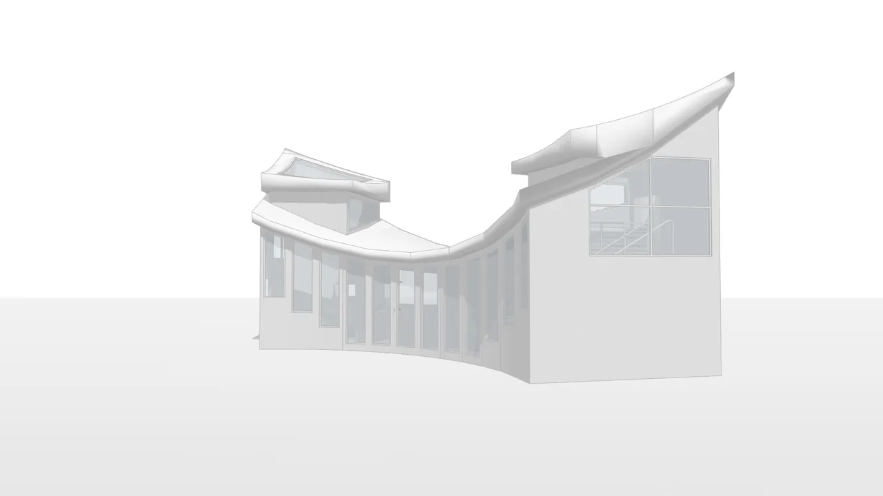 All-white 3D view of an arc-shaped house with a curved roof and many windows