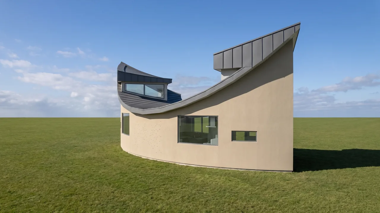 The same view rendered by RendScene with light render, a metal roof and lawn