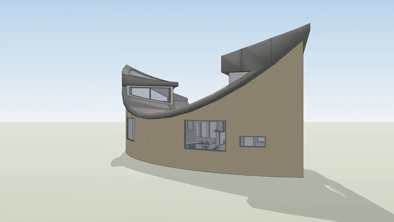 Shaded 3D view of the back of the curved house, with a beige wall and grey roof