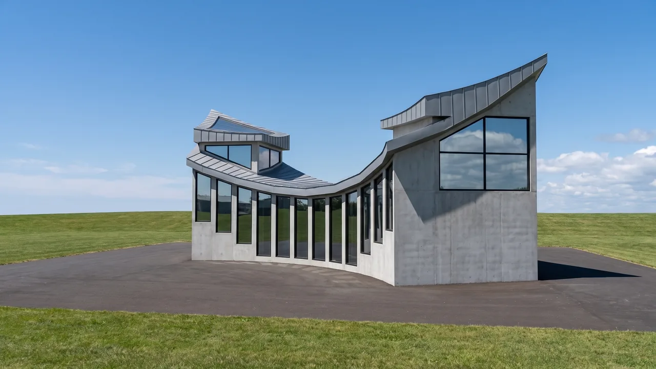 The same facade rendered by RendScene with exposed concrete, glass and a paved courtyard