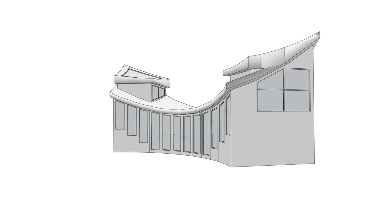 3D line view of the arc-shaped facade with tall windows and a curved roof
