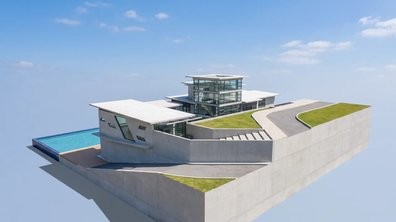 The same house rendered by RendScene with concrete, pool, lawn and a glazed tower