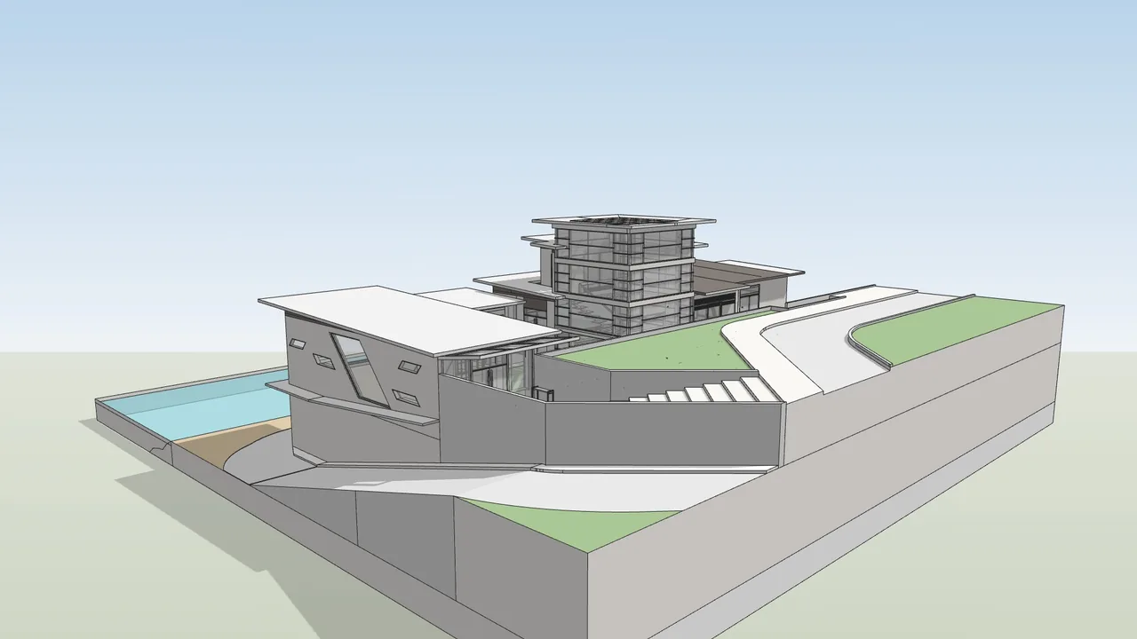 Shaded 3D view of a house on a plinth with a pool, ramp and glass tower