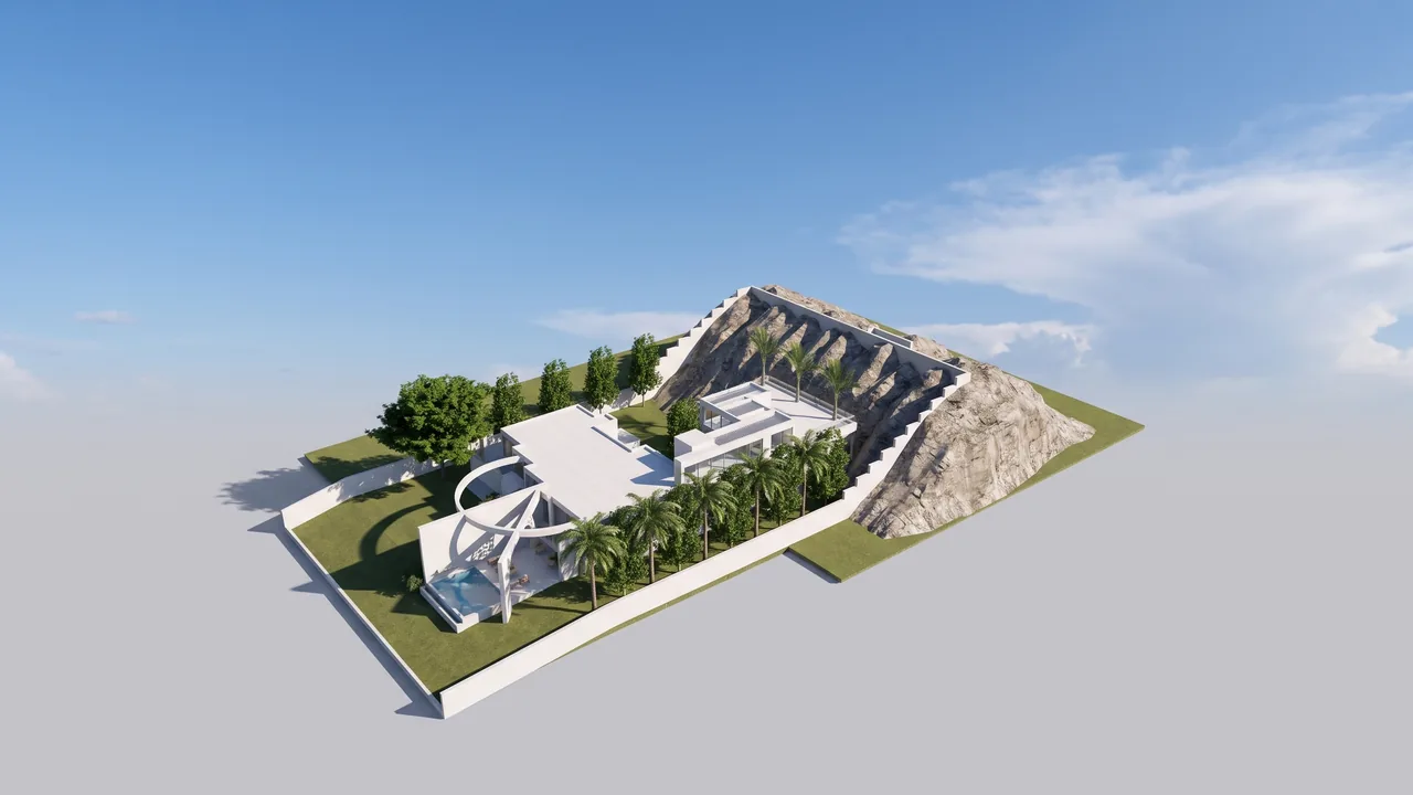 The same scene rendered by RendScene with lawn, palm trees, rock and sky