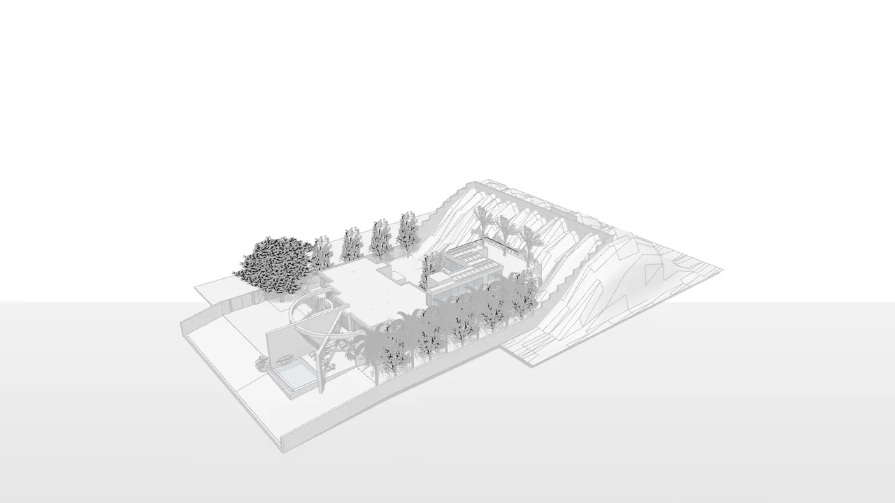 All-white 3D view of a house with a garden, trees and a slope behind