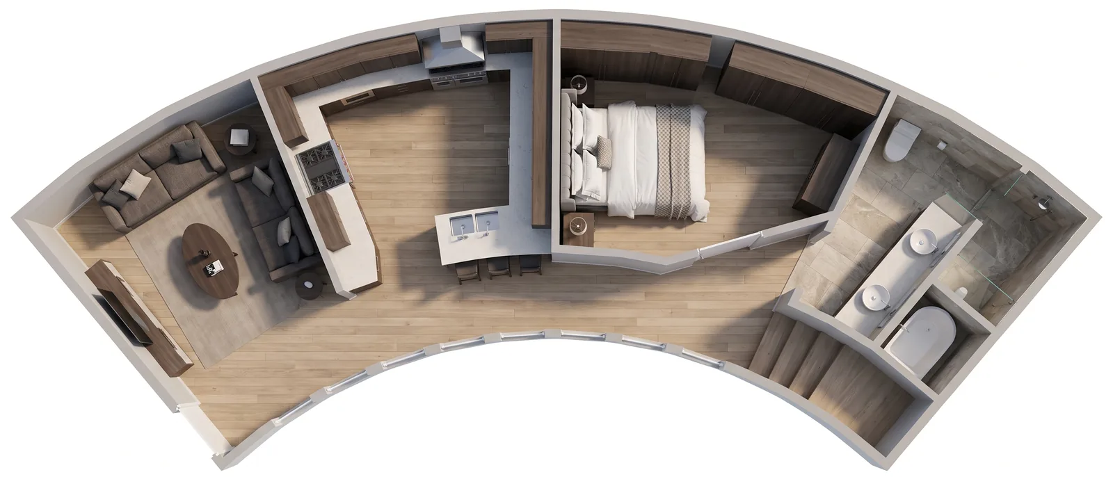 Plan rendered by RendScene from the same drawing, with wood floors, furniture and bathroom