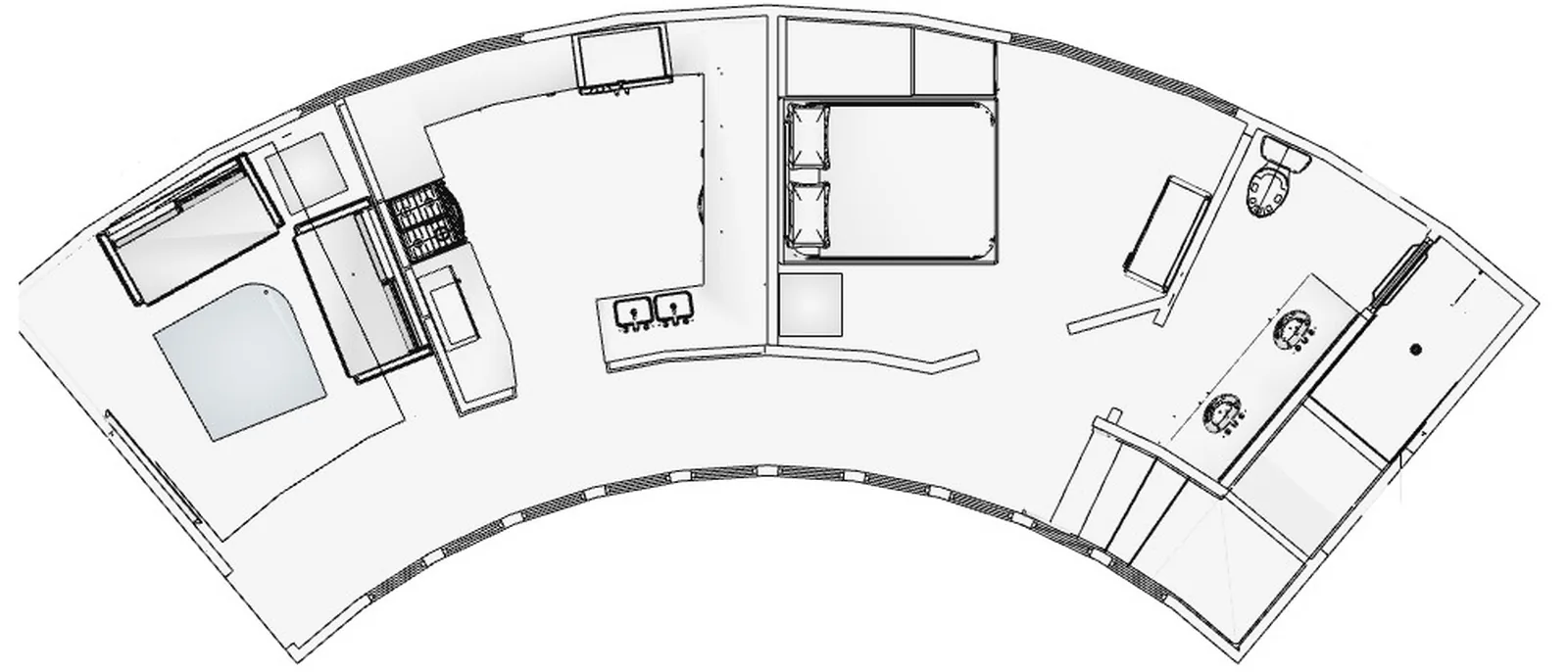Line plan of an arc-shaped house with living room, kitchen, bedroom and bathroom