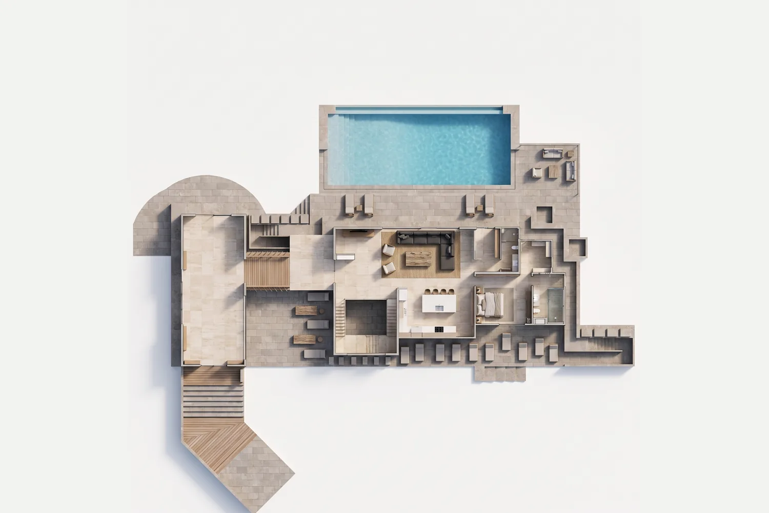 Plan rendered by RendScene from the same drawing, with pool, stone and wood floors and furniture