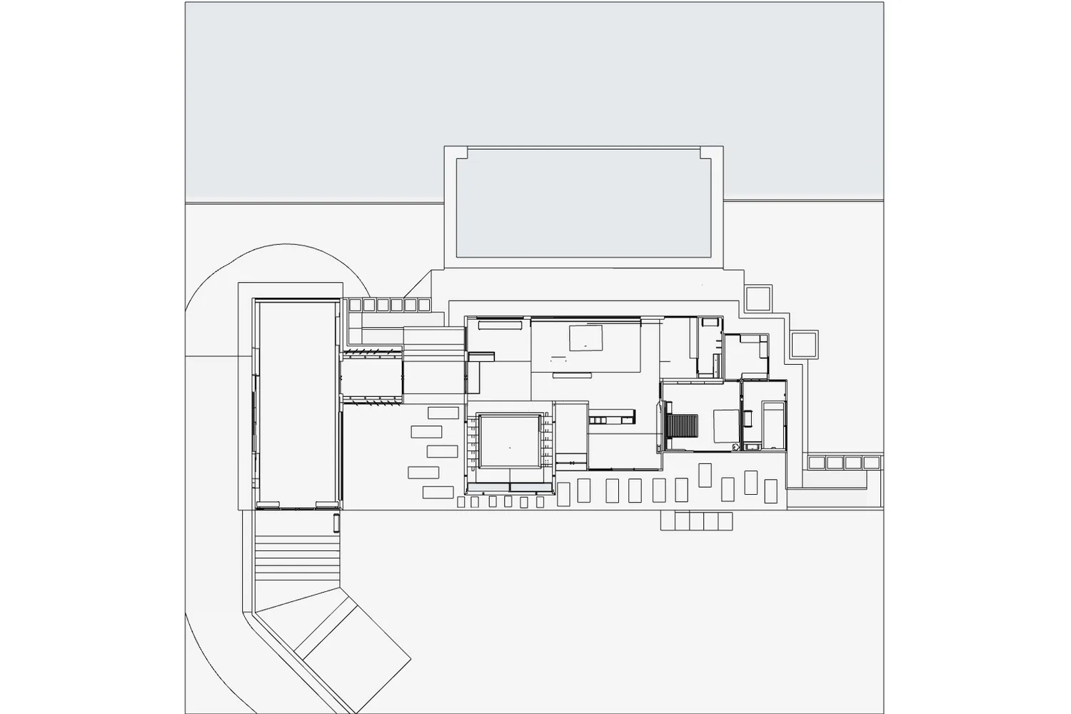 Line plan of a house with a pool, stairs and terrace
