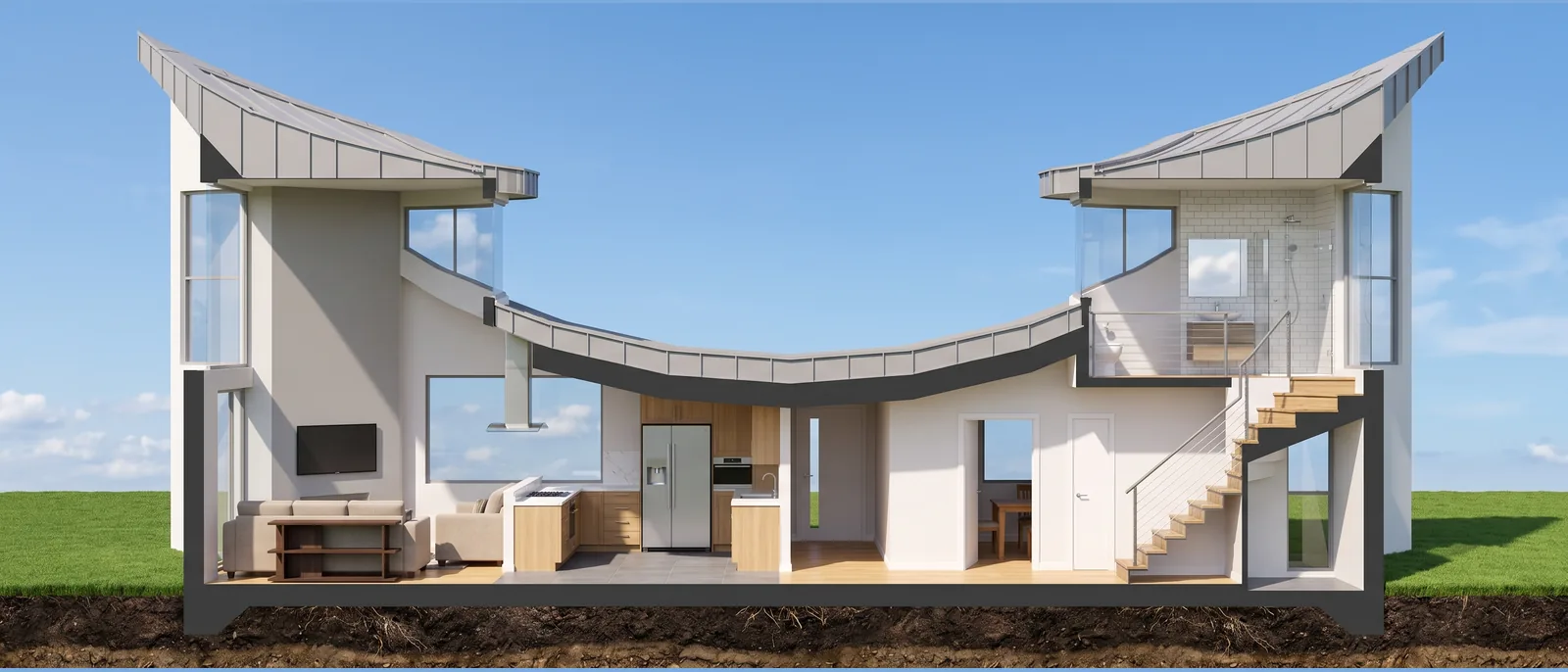 Section rendered by RendScene from the same drawing, with interiors, stairs, ground and sky