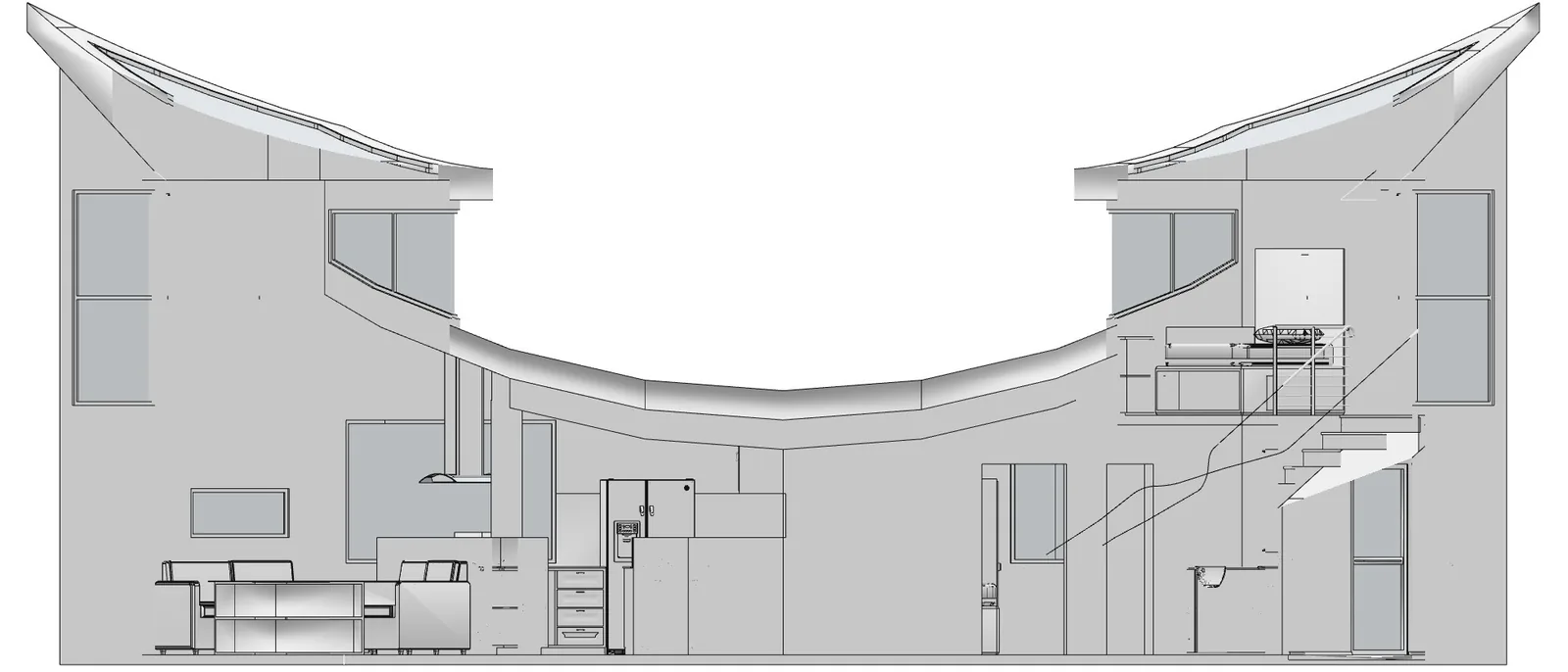 Line section of a house with a curved roof, stairs and two tall volumes