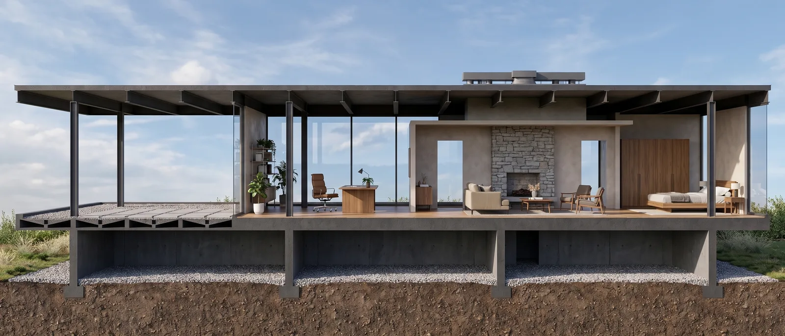 The same section rendered by RendScene with flooring, furniture, a wood core and cut ground